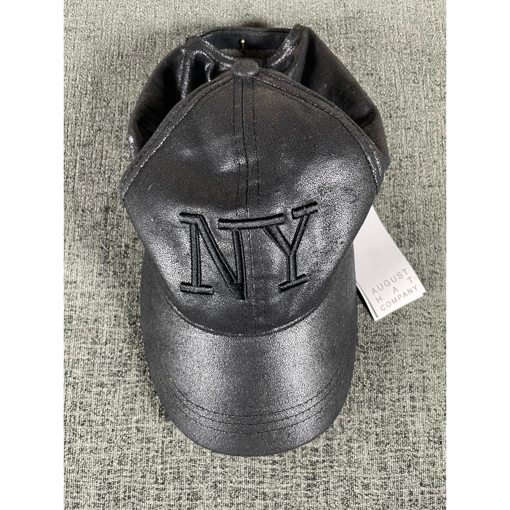 August Hat Company NY Metallic Black Open Back Ponytail Baseball Cap Hat NEW
